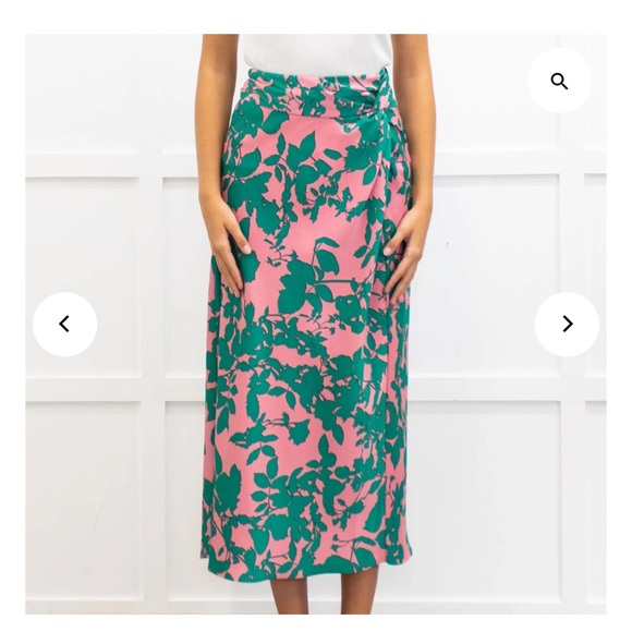 ME+EM pink green satin floral print draped midi skirt / side zip (read) 16 - Picture 1 of 7